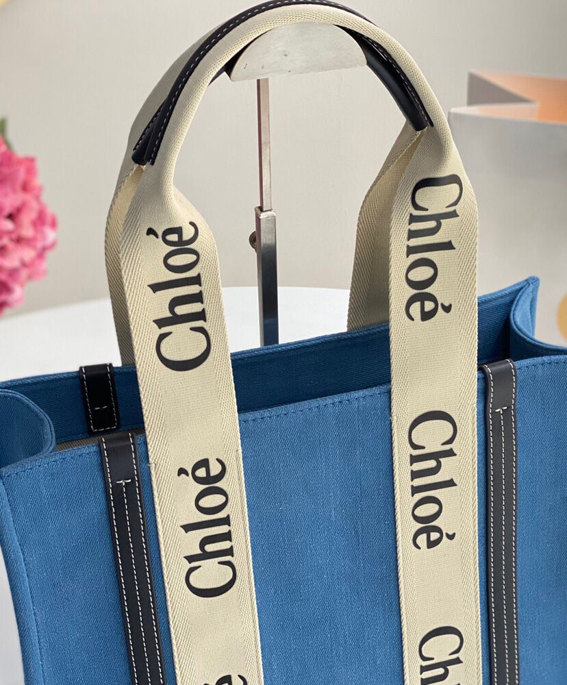 Chloe Medium Woody Tote Bag Canvas with Leather Blue